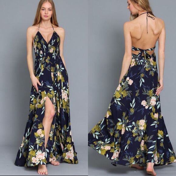 Navy blue floral backless maxi dress vacation smocked halter Easter - Picture 2 of 2